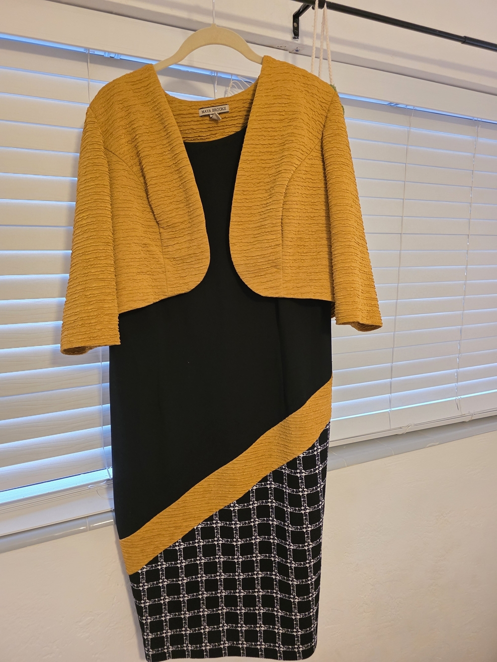Maya Brooke Black & Mustard Textured Sheath Dress with Bolero